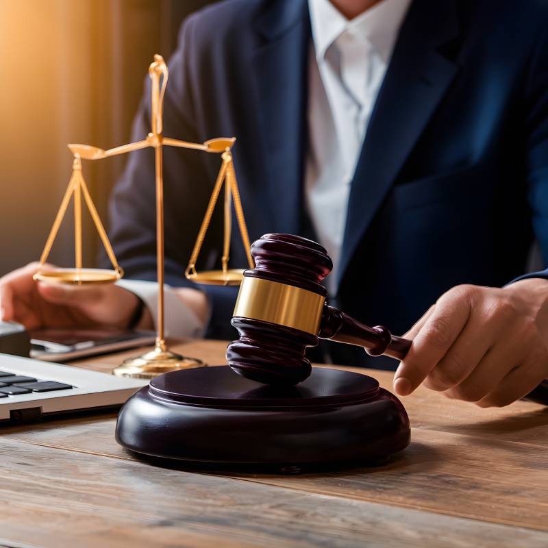 Judge holding gavel with scales of justice